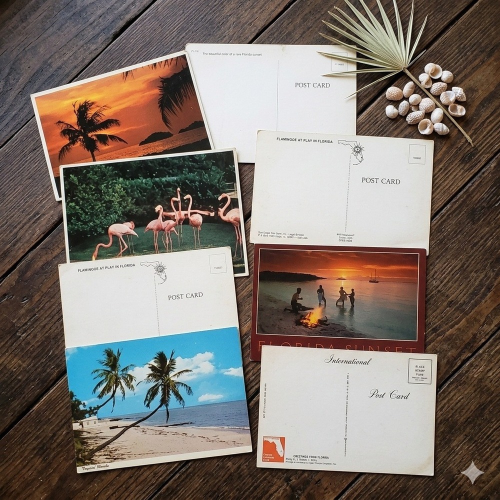 VTG Florida Postcard Lot Tropical Sunsets Pink Flamingos Beach Floridiana 4pc